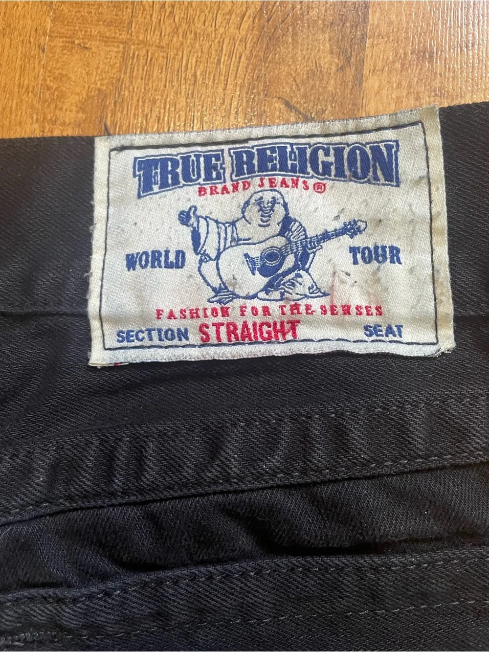 True Religion Black Jeans with White Label and Blue/Red Logo
